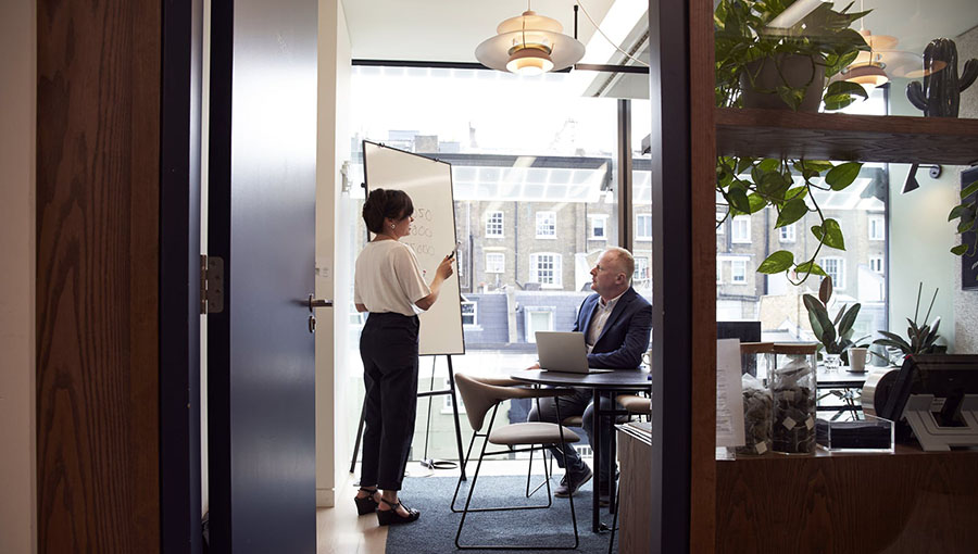 Two colleagues having a presentation in an office near a window