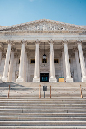 Steps to a courthouse with white columns