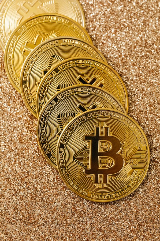 Bitcoin coins on a table