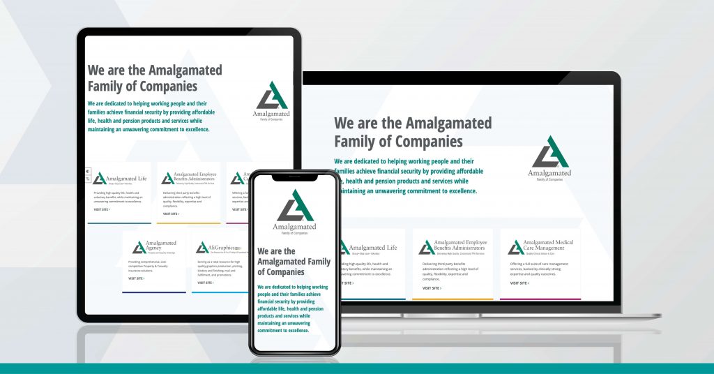 Responsive screenshots of the Amalgamated Benefits website in desktop, mobile and tablet