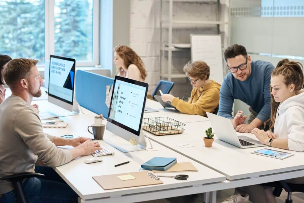 Young colleagues working on graphic design in an office