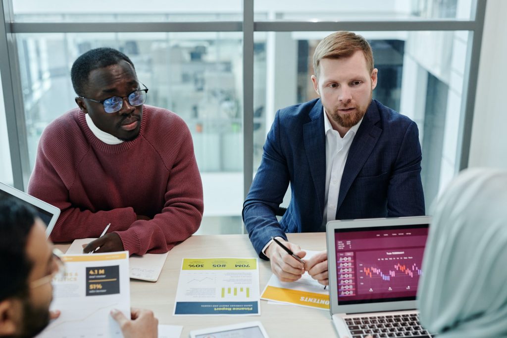 Colleagues having a meeting about workplace benefits