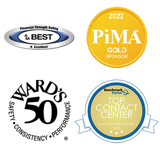Logos for AM Best Rating, 2022 PiMA Gold Sponsor, Wards 50 and Benchmark Portal