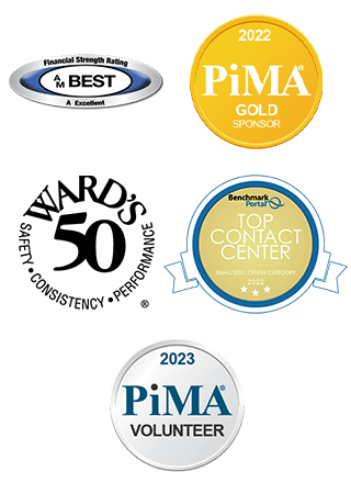 Logos for AM Best Rating, 2022 PiMA Gold Sponsor, Wards 50 and Benchmark Portal, 2023 PiMA Silver Sponsor