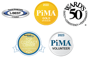 Logos for AM Best Rating, PiMA Sponsor, Wards 50 and Benchmark Portal